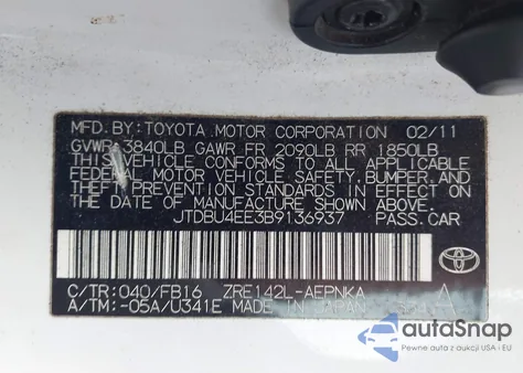 2011 Toyota Corolla Le из США, поврежденный, VIN JTDBU4EE3B9136937